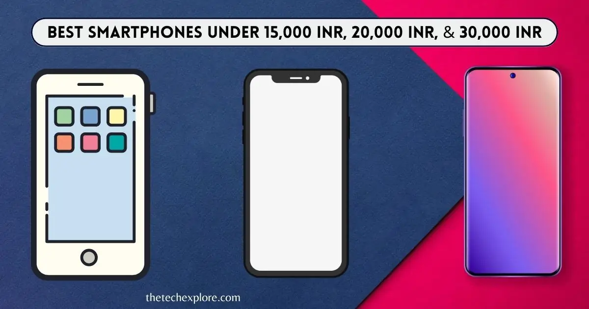Abstract colorful background with a white round rectangle text box at the top. Text in the box reads 'Best Smartphones Under 15,000 RS, 20,000 RS, & 30,000 RS.' Below the text box are three smartphones: a budget-friendly phone, an affordable phone, and a premium phone. At the bottom is thetechexplore.com branding. This image showcases the best smartphones available in different price ranges.