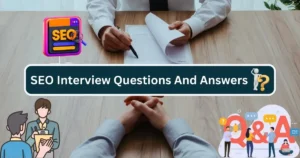Two hands in a handshake, one is a job interview taker and the other is the interviewer. In the center, there is a rounded rectangle text box with "SEO Interview Questions and Answers" written inside. The background features cartoon elements of SEO, including job interview participants and question and answer elements.